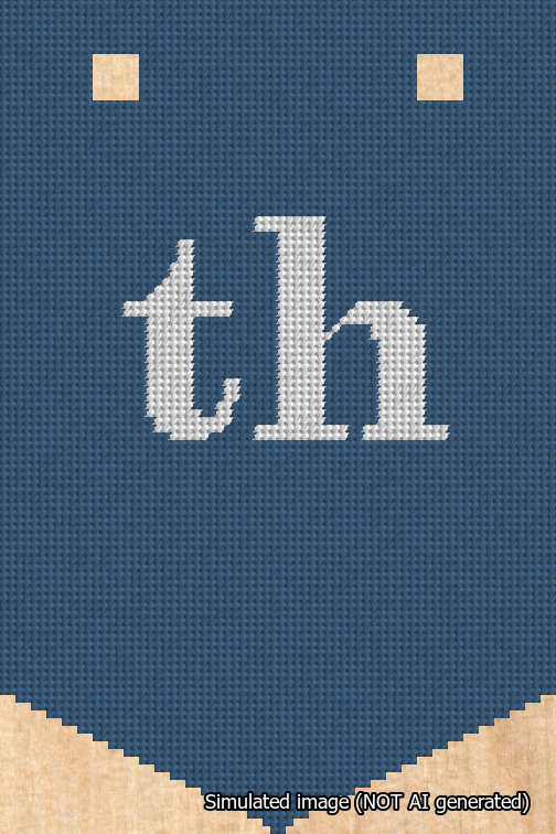A simulated image of the stitched needlepoint design: Banner 18m Pointed th White on Blue. Not A.I. generated.