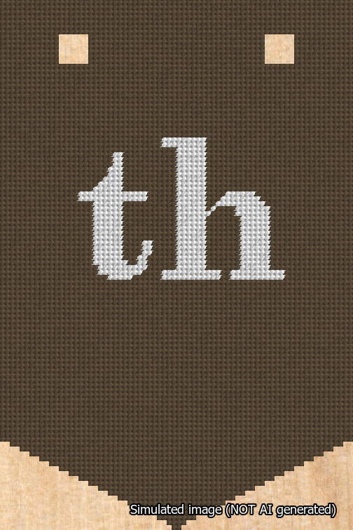 A simulated image of the stitched needlepoint design: Banner 18m Pointed th White on Brown. Not A.I. generated.