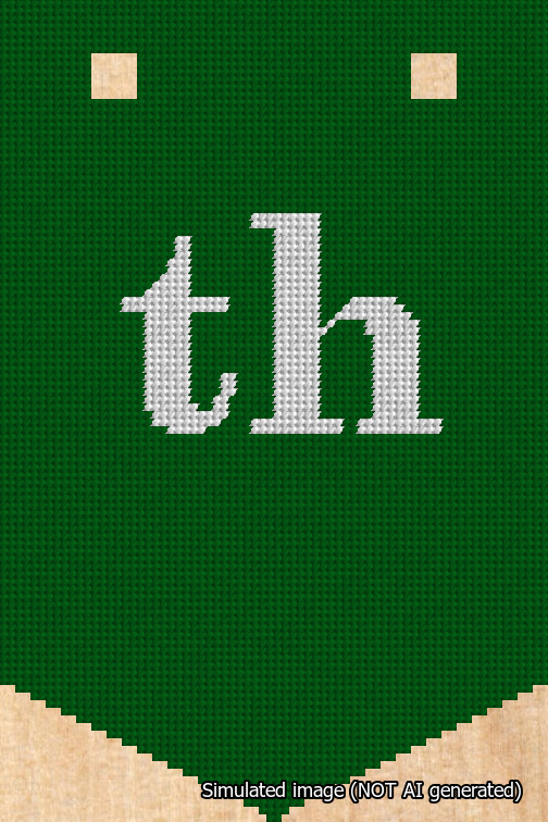 A simulated image of the stitched needlepoint design: Banner 18m Pointed th White on Green. Not A.I. generated.