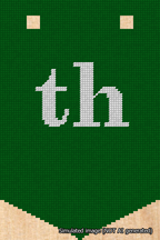 A simulated image of the stitched needlepoint design: Banner 18m Pointed th White on Green. Not A.I. generated.
