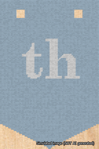 A simulated image of the stitched needlepoint design: Banner 18m Pointed th White on Light Blue. Not A.I. generated.