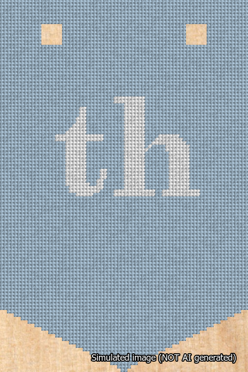 A simulated image of the stitched needlepoint design: Banner 18m Pointed th White on Light Blue. Not A.I. generated.