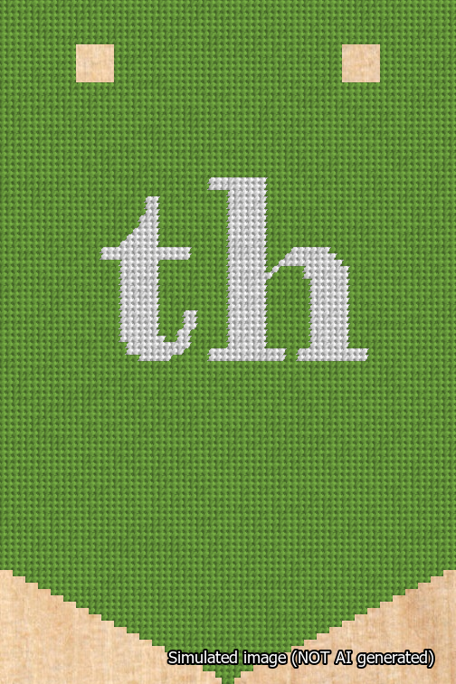 A simulated image of the stitched needlepoint design: Banner 18m Pointed th White on Light Green. Not A.I. generated.