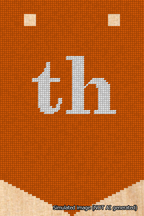 A simulated image of the stitched needlepoint design: Banner 18m Pointed th White on Orange. Not A.I. generated.