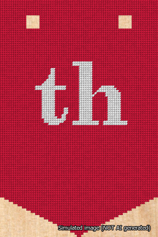 A simulated image of the stitched needlepoint design: Banner 18m Pointed th White on Red. Not A.I. generated.