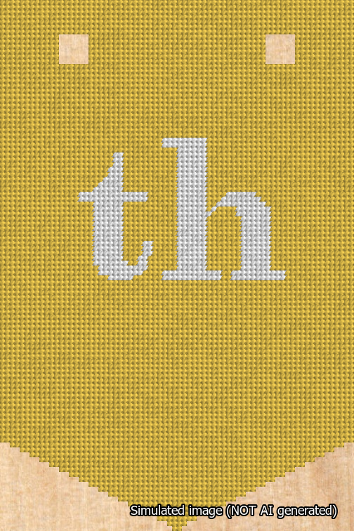 A simulated image of the stitched needlepoint design: Banner 18m Pointed th White on Yellow. Not A.I. generated.