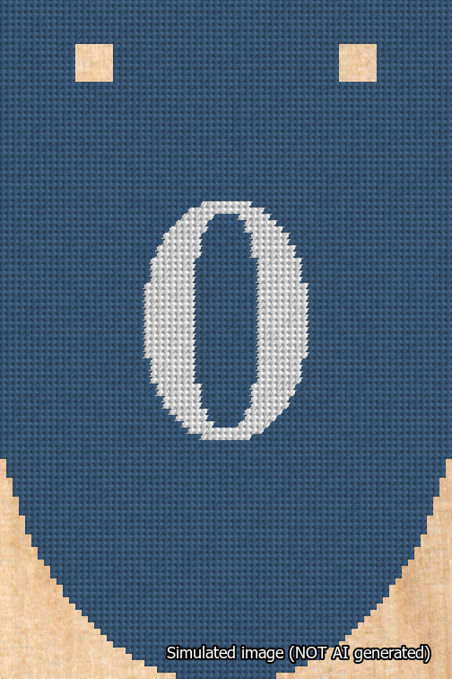 A simulated image of the stitched needlepoint design: Banner 18m Rounded 0 White on Blue. Not A.I. generated.