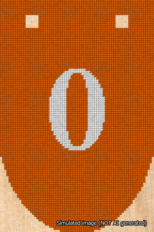 A simulated image of the stitched needlepoint design: Banner 18m Rounded 0 White on Orange. Not A.I. generated.