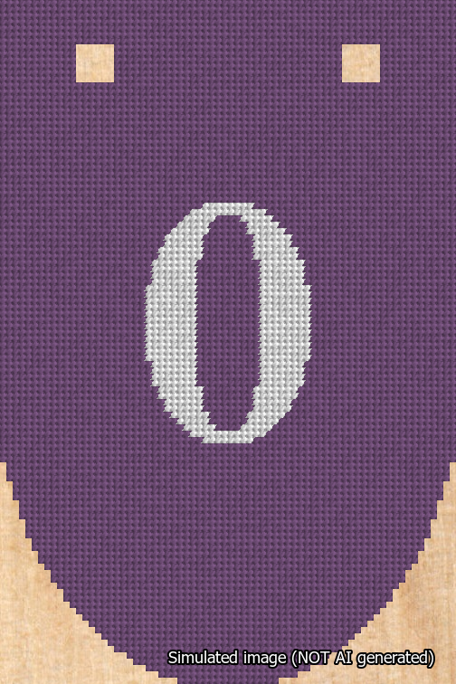 A simulated image of the stitched needlepoint design: Banner 18m Rounded 0 White on Purple. Not A.I. generated.