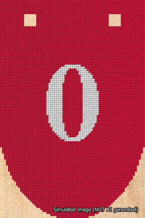 A simulated image of the stitched needlepoint design: Banner 18m Rounded 0 White on Red. Not A.I. generated.