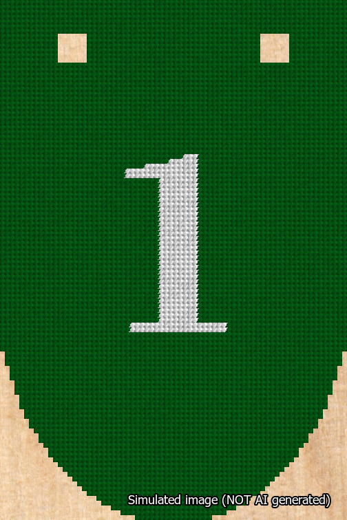 A simulated image of the stitched needlepoint design: Banner 18m Rounded 1 White on Green. Not A.I. generated.