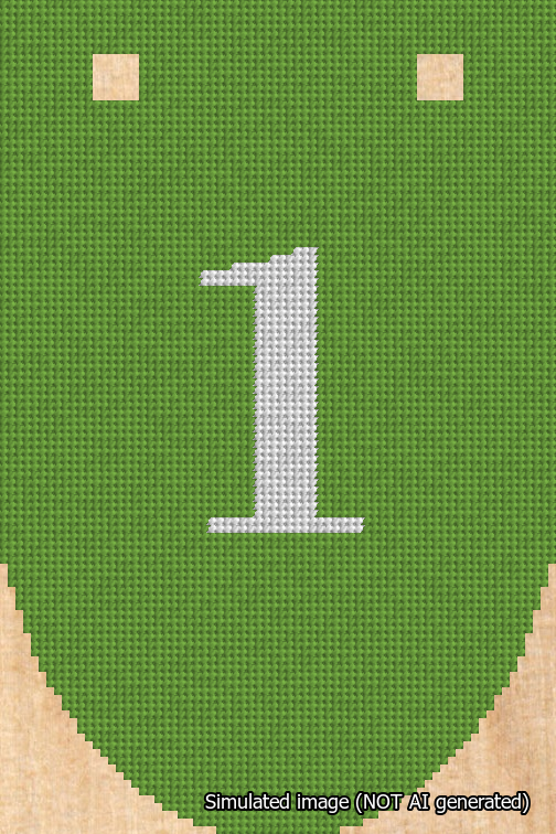 A simulated image of the stitched needlepoint design: Banner 18m Rounded 1 White on Light Green. Not A.I. generated.