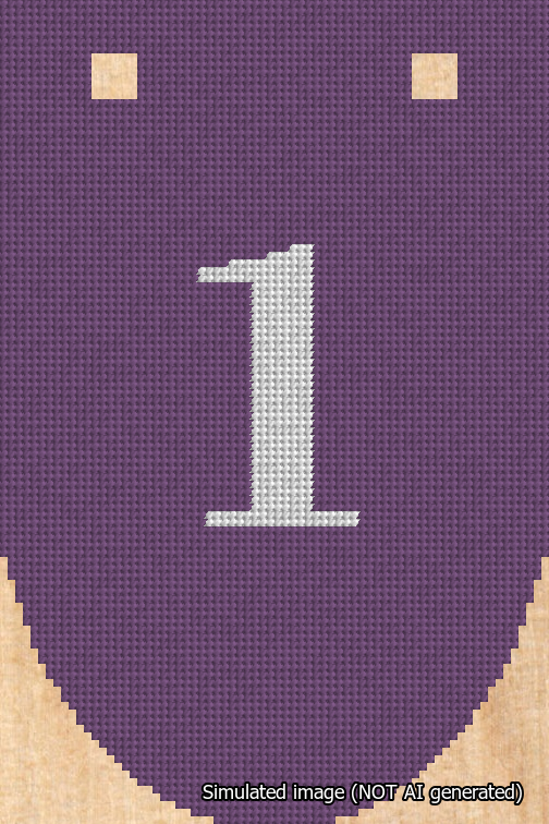 A simulated image of the stitched needlepoint design: Banner 18m Rounded 1 White on Purple. Not A.I. generated.