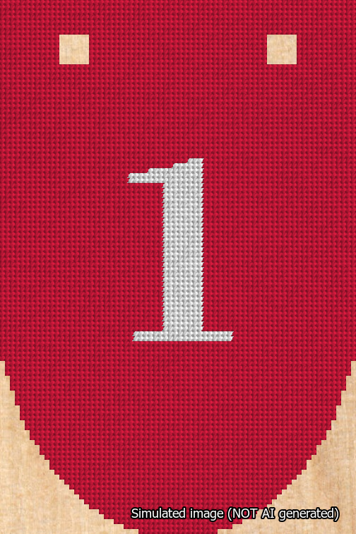 A simulated image of the stitched needlepoint design: Banner 18m Rounded 1 White on Red. Not A.I. generated.