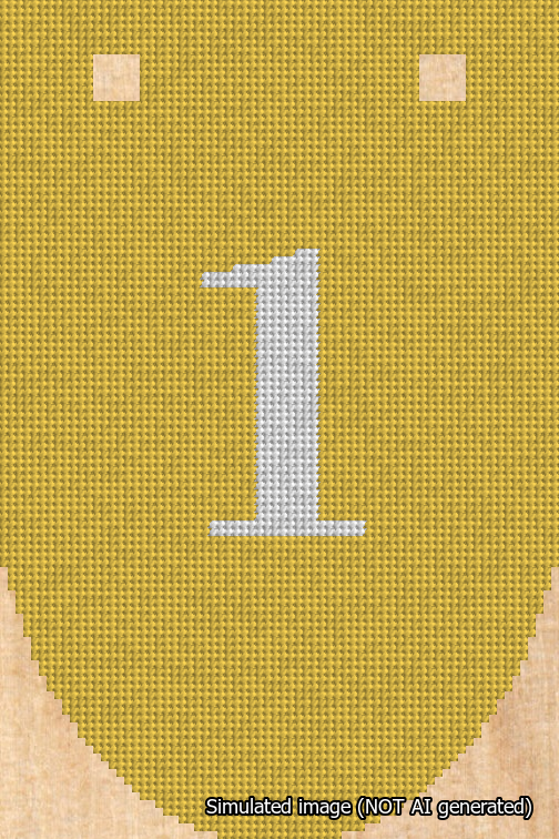 A simulated image of the stitched needlepoint design: Banner 18m Rounded 1 White on Yellow. Not A.I. generated.