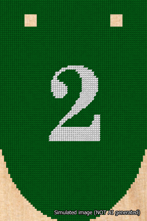 A simulated image of the stitched needlepoint design: Banner 18m Rounded 2 White on Green. Not A.I. generated.