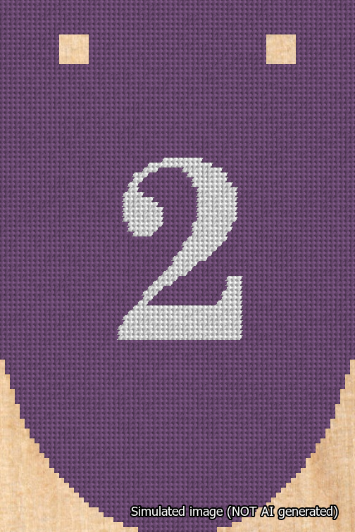 A simulated image of the stitched needlepoint design: Banner 18m Rounded 2 White on Purple. Not A.I. generated.