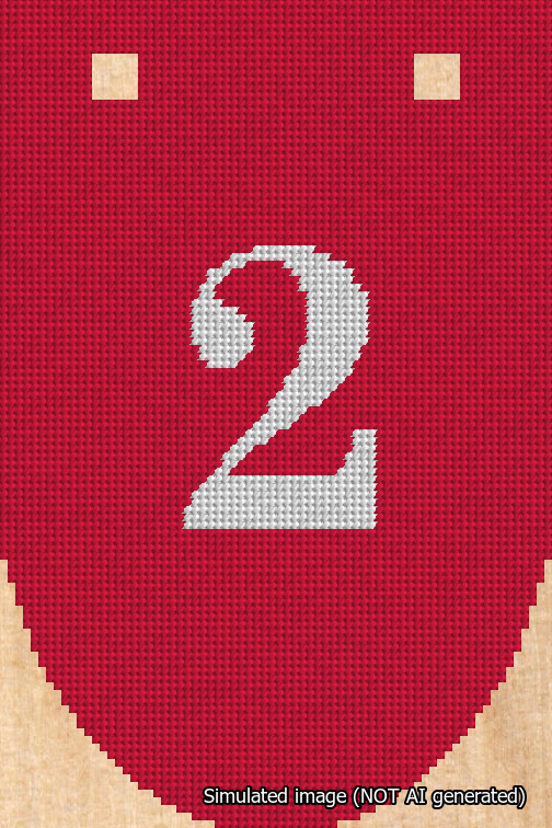 A simulated image of the stitched needlepoint design: Banner 18m Rounded 2 White on Red. Not A.I. generated.