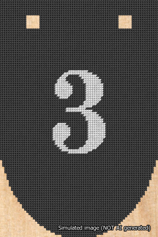 A simulated image of the stitched needlepoint design: Banner 18m Rounded 3 White on Black. Not A.I. generated.