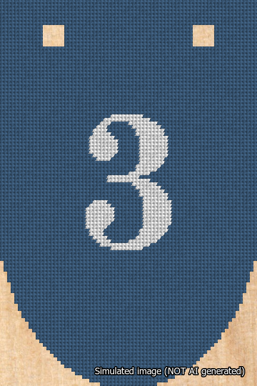 A simulated image of the stitched needlepoint design: Banner 18m Rounded 3 White on Blue. Not A.I. generated.