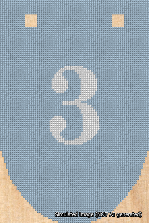 A simulated image of the stitched needlepoint design: Banner 18m Rounded 3 White on Light Blue. Not A.I. generated.