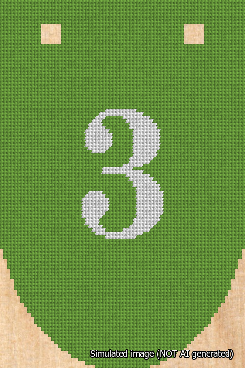 A simulated image of the stitched needlepoint design: Banner 18m Rounded 3 White on Light Green. Not A.I. generated.