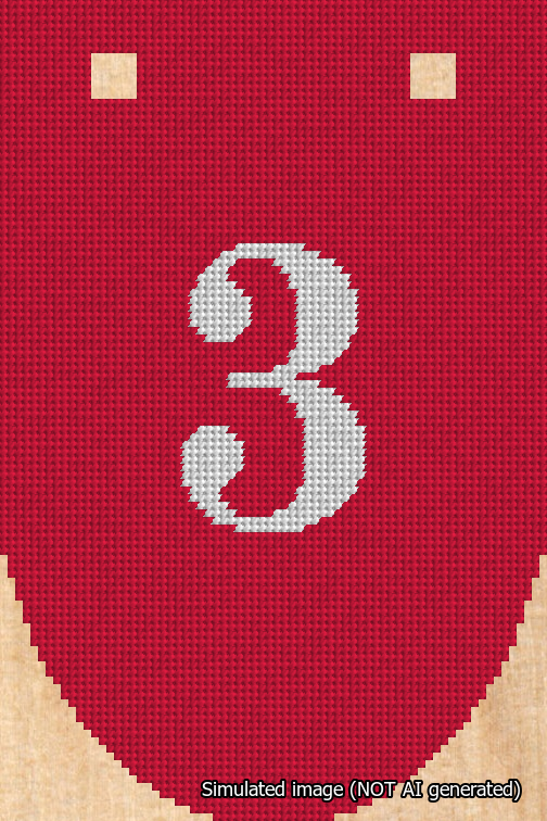 A simulated image of the stitched needlepoint design: Banner 18m Rounded 3 White on Red. Not A.I. generated.