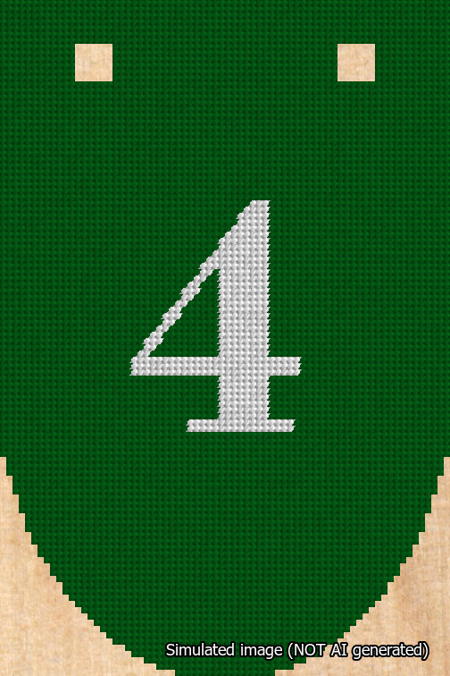 A simulated image of the stitched needlepoint design: Banner 18m Rounded 4 White on Green. Not A.I. generated.