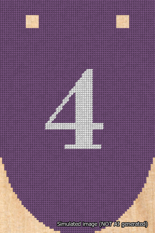 A simulated image of the stitched needlepoint design: Banner 18m Rounded 4 White on Purple. Not A.I. generated.