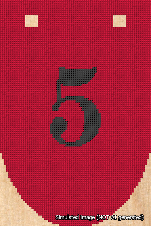 A simulated image of the stitched needlepoint design: Banner 18m Rounded 5 Black on Red. Not A.I. generated.