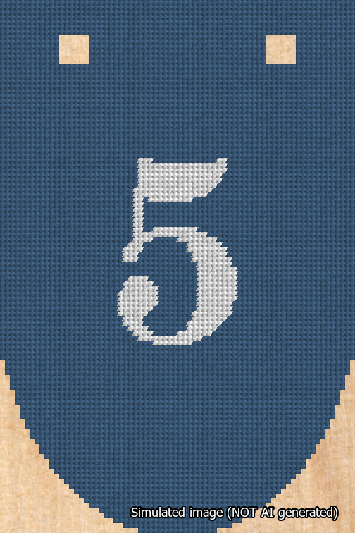 A simulated image of the stitched needlepoint design: Banner 18m Rounded 5 White on Blue. Not A.I. generated.