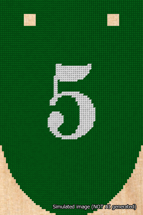 A simulated image of the stitched needlepoint design: Banner 18m Rounded 5 White on Green. Not A.I. generated.
