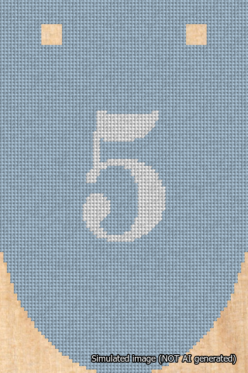 A simulated image of the stitched needlepoint design: Banner 18m Rounded 5 White on Light Blue. Not A.I. generated.