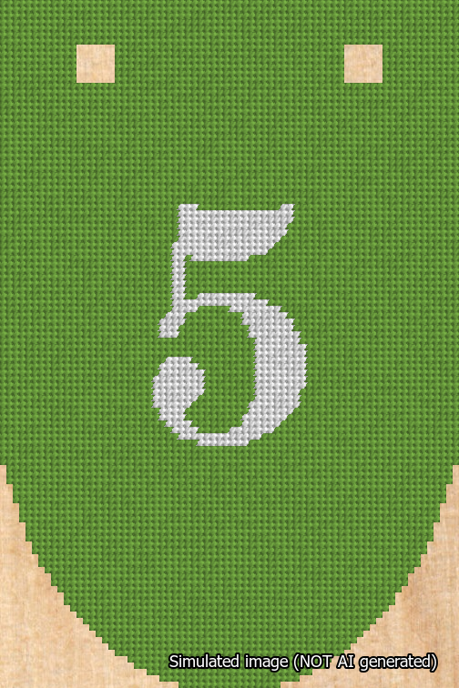 A simulated image of the stitched needlepoint design: Banner 18m Rounded 5 White on Light Green. Not A.I. generated.