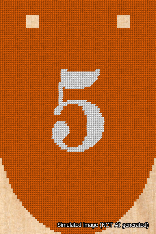 A simulated image of the stitched needlepoint design: Banner 18m Rounded 5 White on Orange. Not A.I. generated.