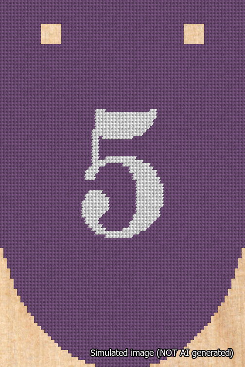 A simulated image of the stitched needlepoint design: Banner 18m Rounded 5 White on Purple. Not A.I. generated.