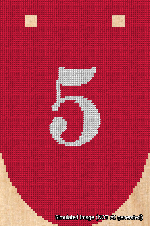 A simulated image of the stitched needlepoint design: Banner 18m Rounded 5 White on Red. Not A.I. generated.