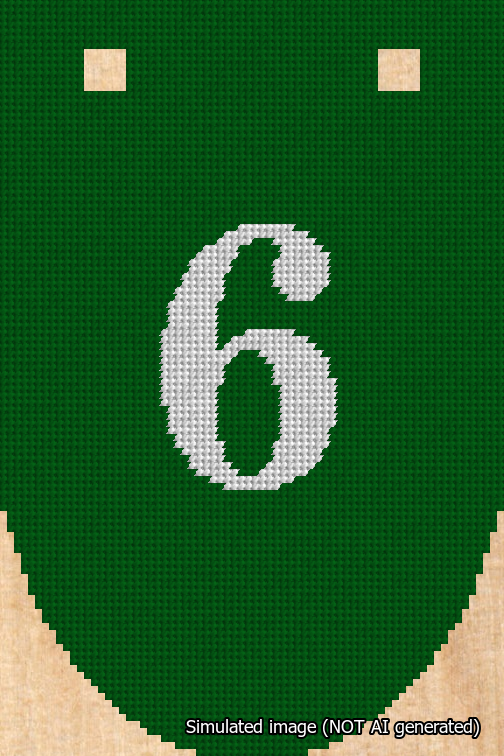A simulated image of the stitched needlepoint design: Banner 18m Rounded 6 White on Green. Not A.I. generated.