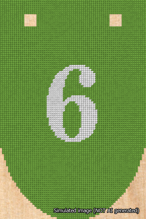 A simulated image of the stitched needlepoint design: Banner 18m Rounded 6 White on Light Green. Not A.I. generated.