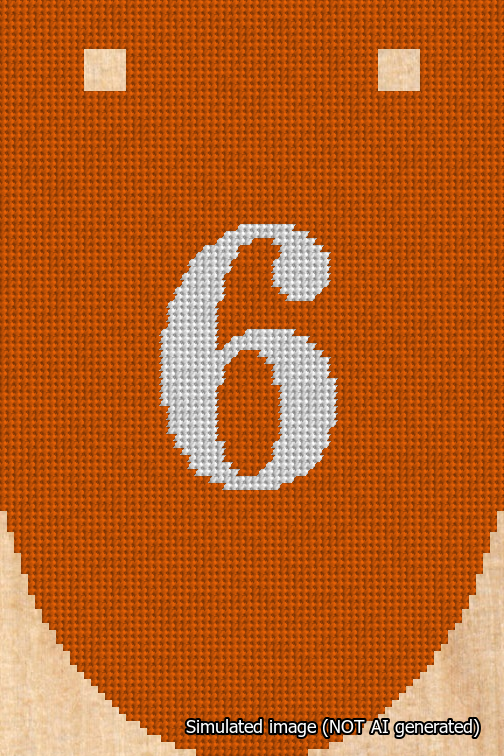 A simulated image of the stitched needlepoint design: Banner 18m Rounded 6 White on Orange. Not A.I. generated.