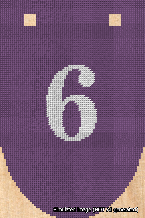 A simulated image of the stitched needlepoint design: Banner 18m Rounded 6 White on Purple. Not A.I. generated.