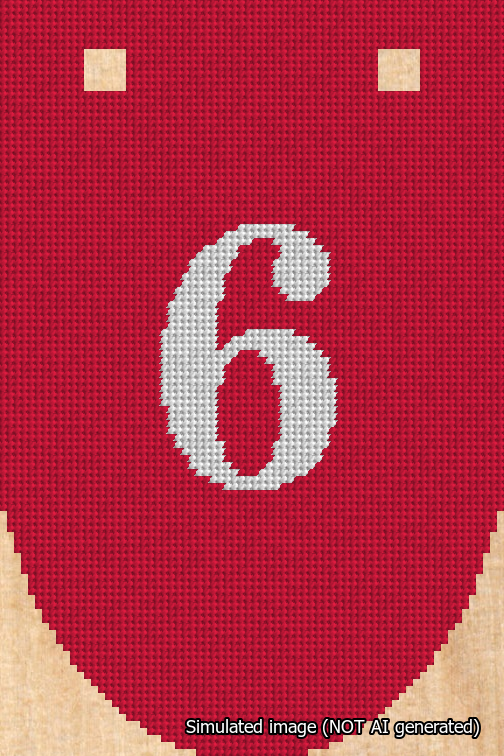 A simulated image of the stitched needlepoint design: Banner 18m Rounded 6 White on Red. Not A.I. generated.