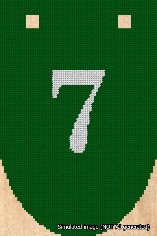 A simulated image of the stitched needlepoint design: Banner 18m Rounded 7 White on Green. Not A.I. generated.