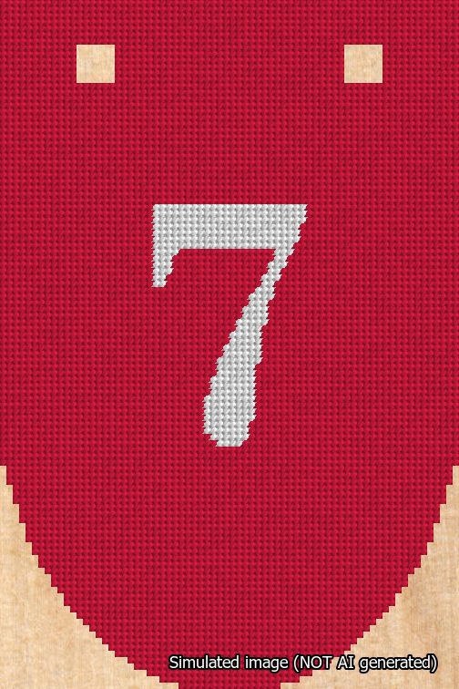 A simulated image of the stitched needlepoint design: Banner 18m Rounded 7 White on Red. Not A.I. generated.