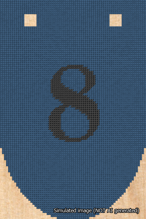 A simulated image of the stitched needlepoint design: Banner 18m Rounded 8 Black on Blue. Not A.I. generated.