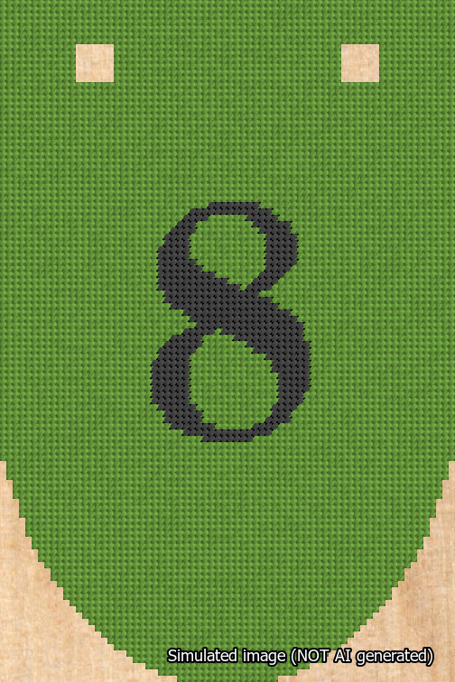 A simulated image of the stitched needlepoint design: Banner 18m Rounded 8 Black on Light Green. Not A.I. generated.