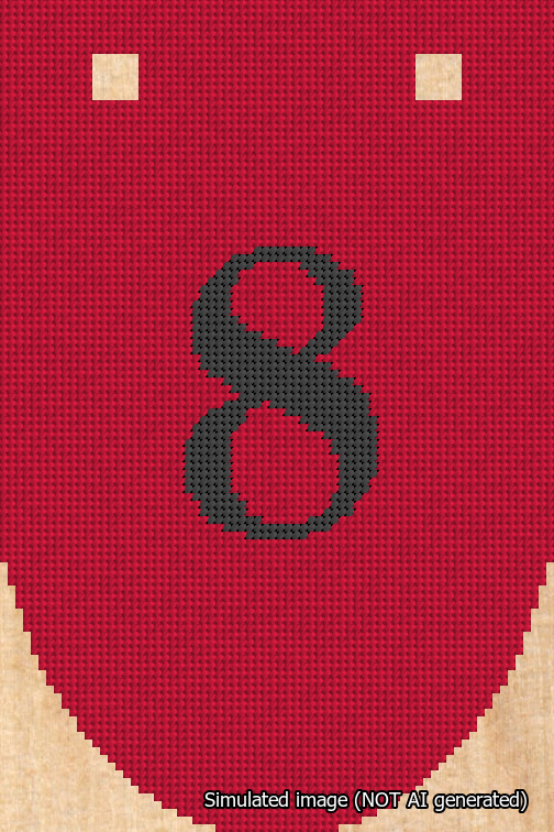 A simulated image of the stitched needlepoint design: Banner 18m Rounded 8 Black on Red. Not A.I. generated.