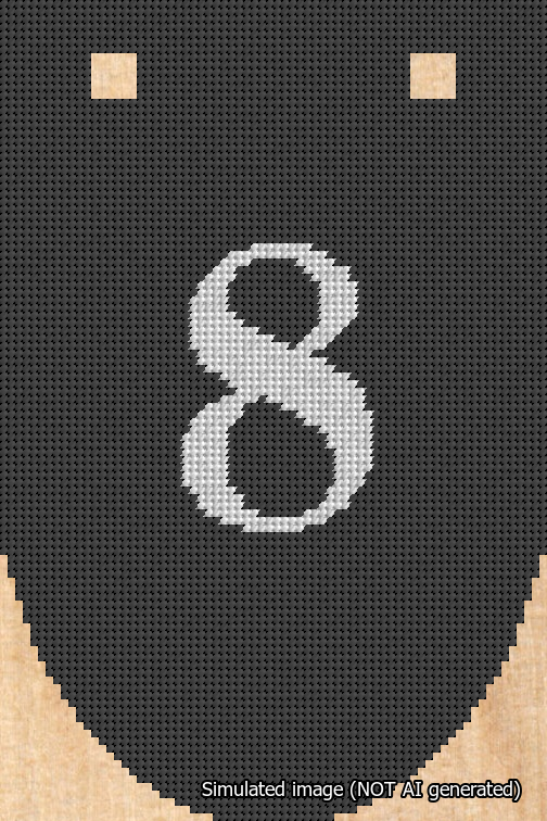 A simulated image of the stitched needlepoint design: Banner 18m Rounded 8 White on Black. Not A.I. generated.