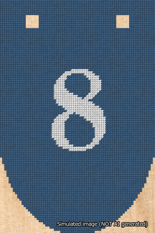 A simulated image of the stitched needlepoint design: Banner 18m Rounded 8 White on Blue. Not A.I. generated.