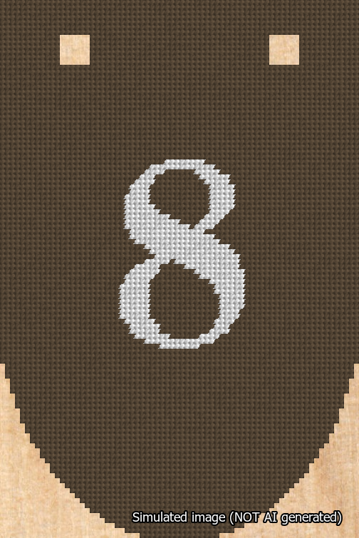 A simulated image of the stitched needlepoint design: Banner 18m Rounded 8 White on Brown. Not A.I. generated.